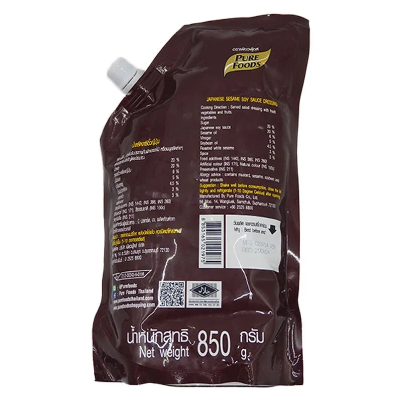 Pure Foods Japanese sesame soy sauce dressing in 850g bottle, dry grocery product with sesame seeds and soy sauce visible.