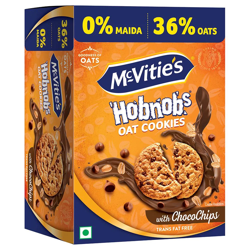 McVities Hobnobs oat cookies with chocolate chips, a pack of crunchy confectionery snacks with visible oats and chocolate chunks.