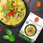 J-LEK Green Curry Paste Packets 250g, dry grocery product with vibrant green Thai curry paste in sealed packets.