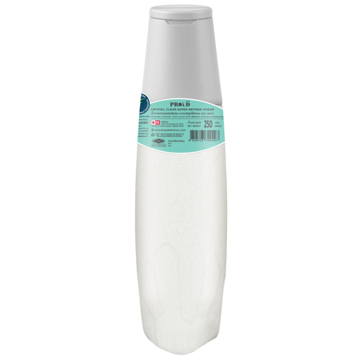 Clear bottle of Proud Crystal Clear Super Refines grocery product with a transparent label and liquid contents.