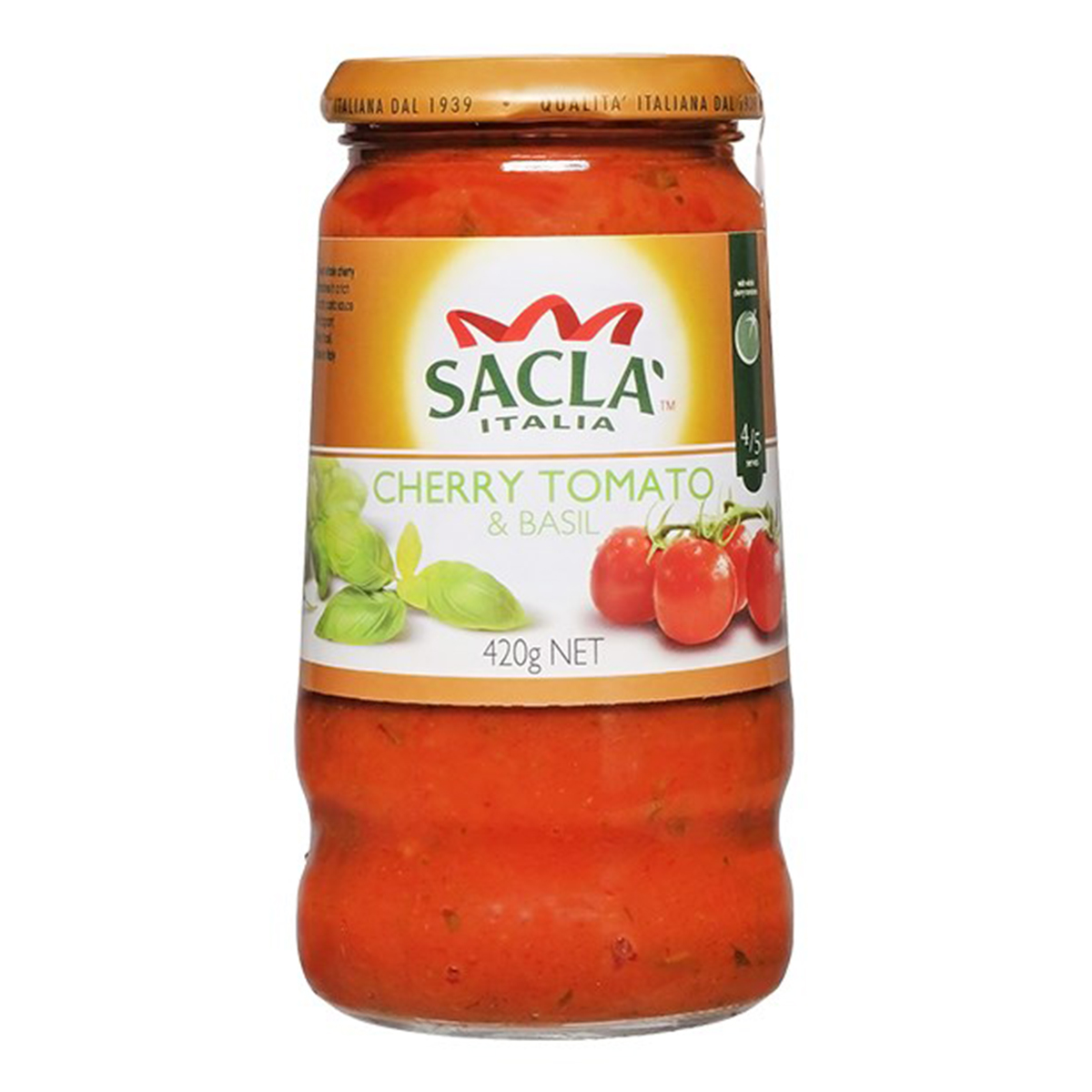 Sacla Cherry Tomato and Basil Sauce in a glass jar, showcasing fresh cherry tomatoes and basil leaves on the label.