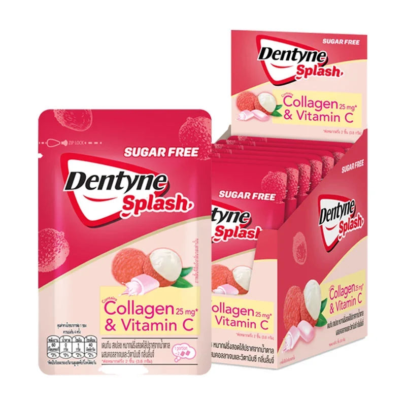 Dentyne Splash Lychee gum packs with 8 sheets each, featuring brightly colored packaging for snack and confectionery enjoyment.
