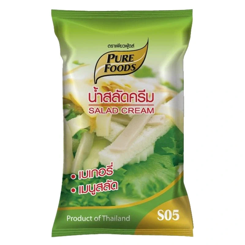Pure Foods Salad Cream 1kg bottle, a dry grocery product with a white cap and label, suitable for salads and dressings.