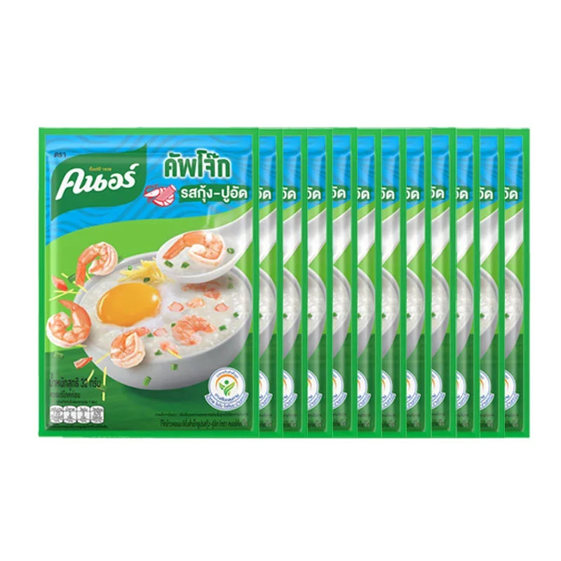 Knorr instant porridge with shrimp and crabsticks, 32g sachets, stacked in a box, ideal for quick seafood-flavored meals.