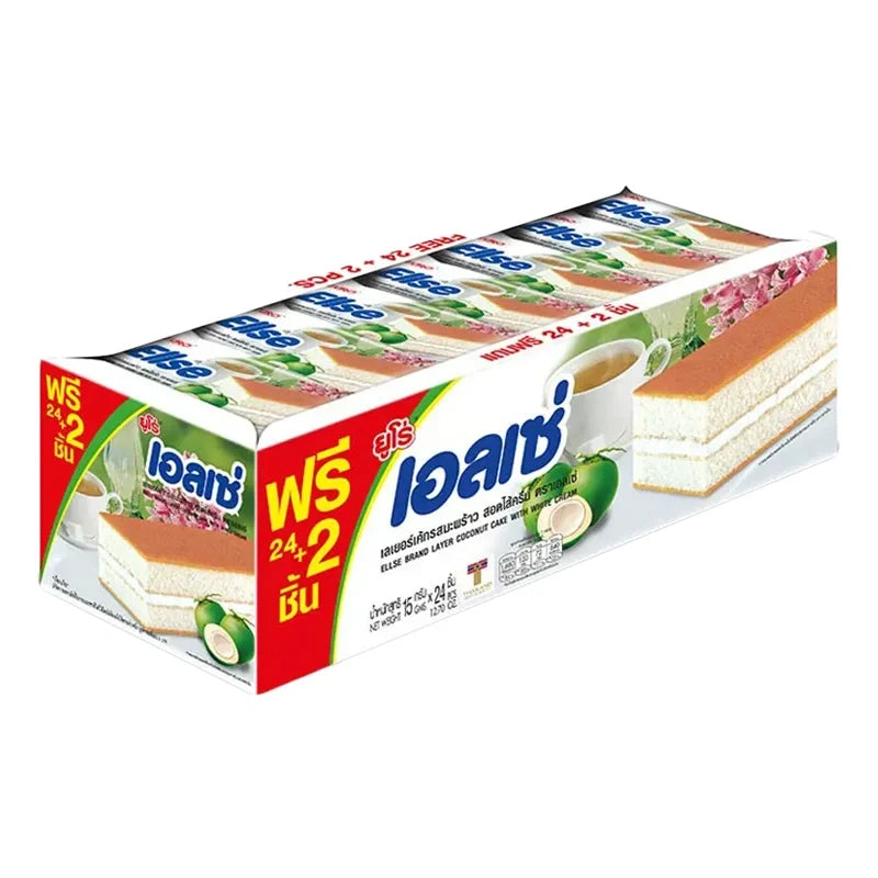 Ellse Coconut Layer Cake snacks, 15g x 24 packs, dry grocery confectionery with coconut flavor and layered cake design.