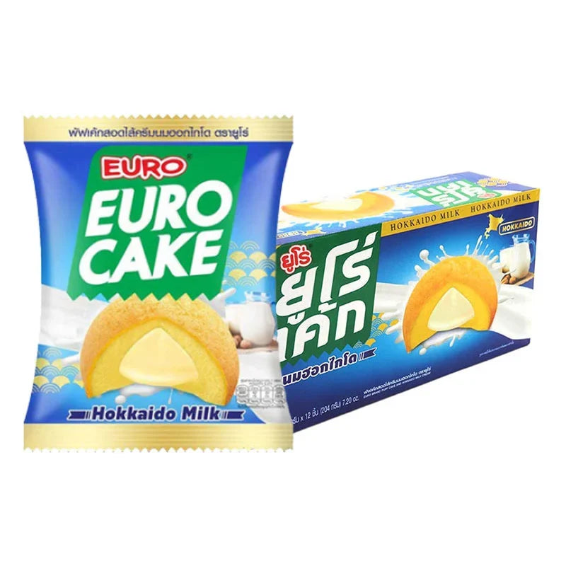 Euro Euro Cake Hokkaido Milk snack, 17g individual packs, dry grocery confectionery with creamy Hokkaido milk flavor.