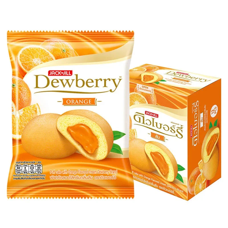 Dewberry Puff Cake with orange-flavored cream, 15g snack, featuring crispy puff pastry and vibrant orange filling.