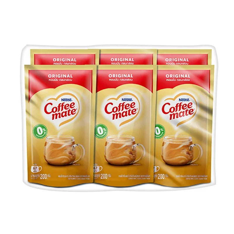 Coffee Mate Gold non-dairy creamer in 200g boxes, six-pack, dry grocery product with a beige and gold packaging design.