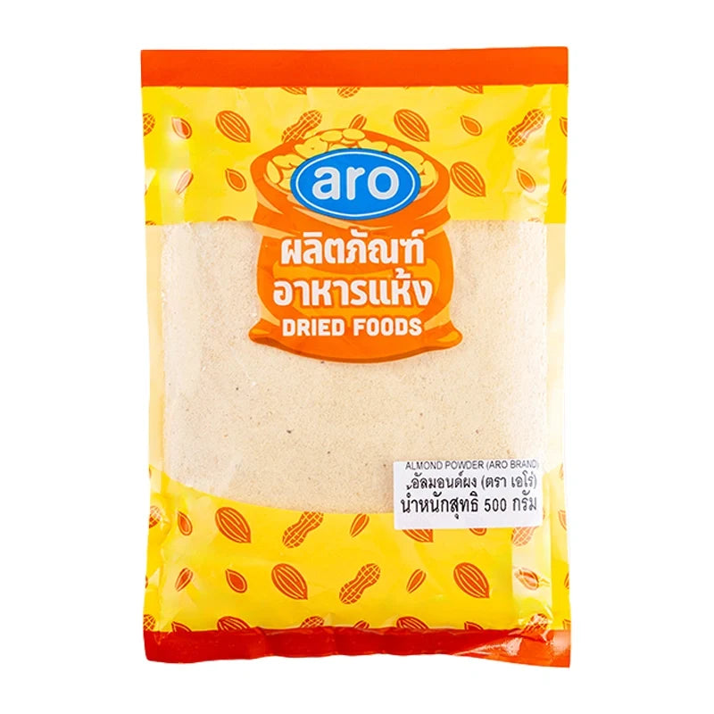 ARO Almond Powder 500g in a clear plastic bag, fine ground almond dry grocery product from the ARO brand.
