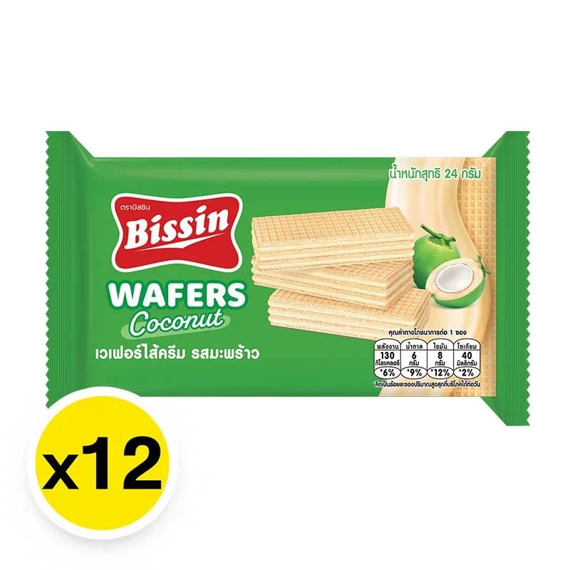 Bissin Coconut Flavor Wafer Snacks, 24g x12, crispy wafer with coconut filling, packaged in a clear plastic wrapper