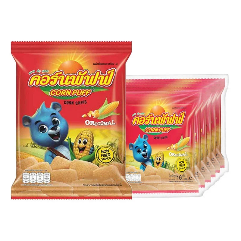 Cornpuff Corn Chips 16g snack pack, crispy yellow corn chips in a colorful snack image, ideal for dry grocery and confectionery.