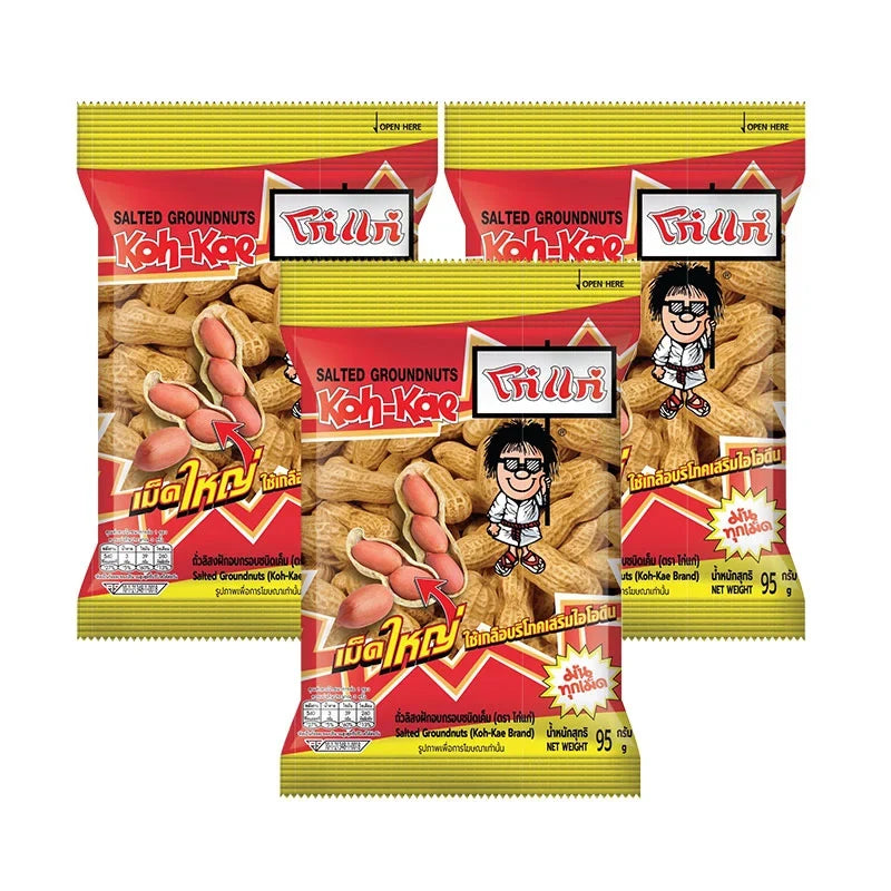KOHKAE Kohkae Khokae Peanut snack 95g, three packs, dry grocery snack featuring roasted peanuts in a colorful package