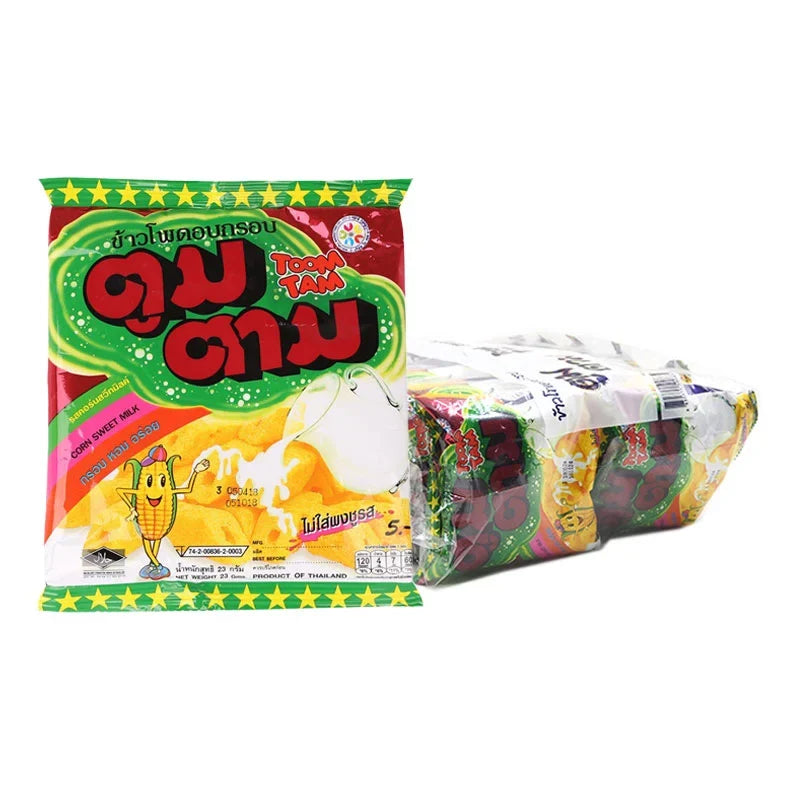 Toomtam Corn Extruded Snack Sweet Milk, 23g pack, showing crispy corn snack pieces with sweet milk flavor from TOOMTAM.