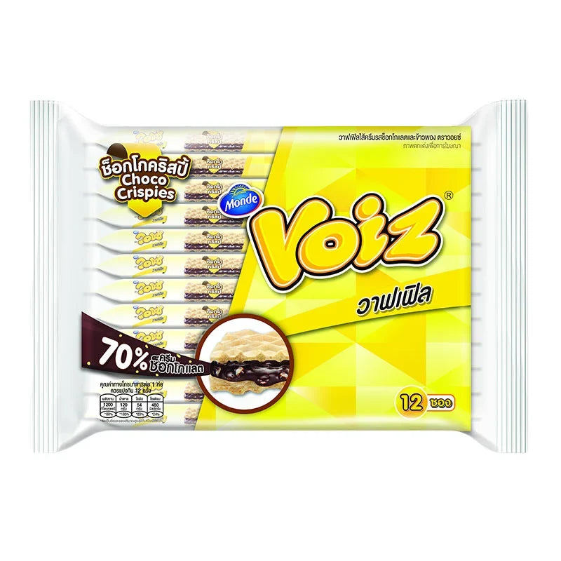 VOIZ Voiz Crunch Choco Crispy snack box, 21g x12, featuring chocolate and crispy cereal pieces in a colorful package.