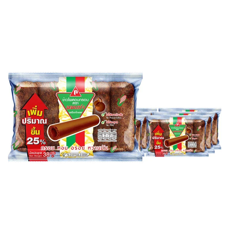 Nomtang Corn Chocolate snack pack, six 38g bags, featuring crispy corn and chocolate in a colorful packaging.