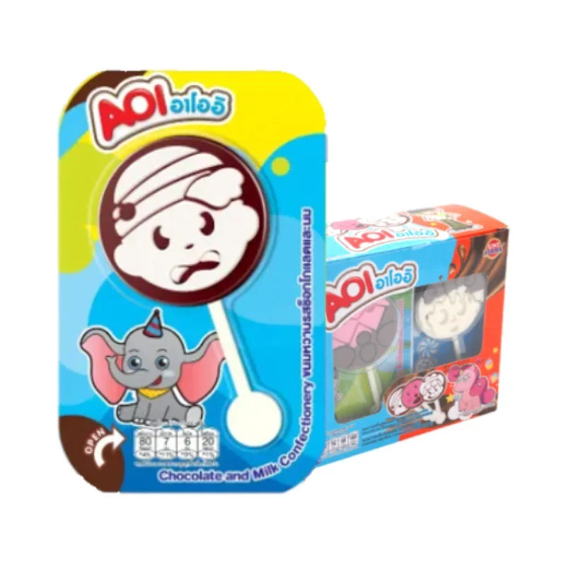 AOI chocolate with strawberry and milk confectionery, 12g dry grocery snack, showing the wrapped chocolate piece on a white background.