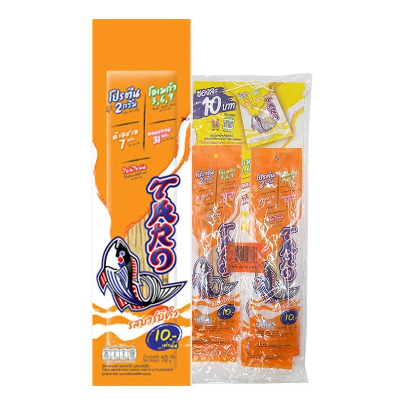 Taro Fish Snack BBQ flavored, 10g x6 packs, dry grocery snack with crispy fish texture and savory barbecue seasoning.