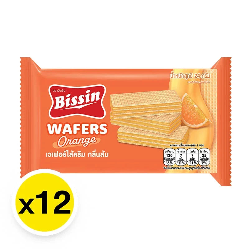 BISSIN Wafer Orange Flavor 24g snack package with orange-flavored wafer, 12-pack of dry grocery confectionery.