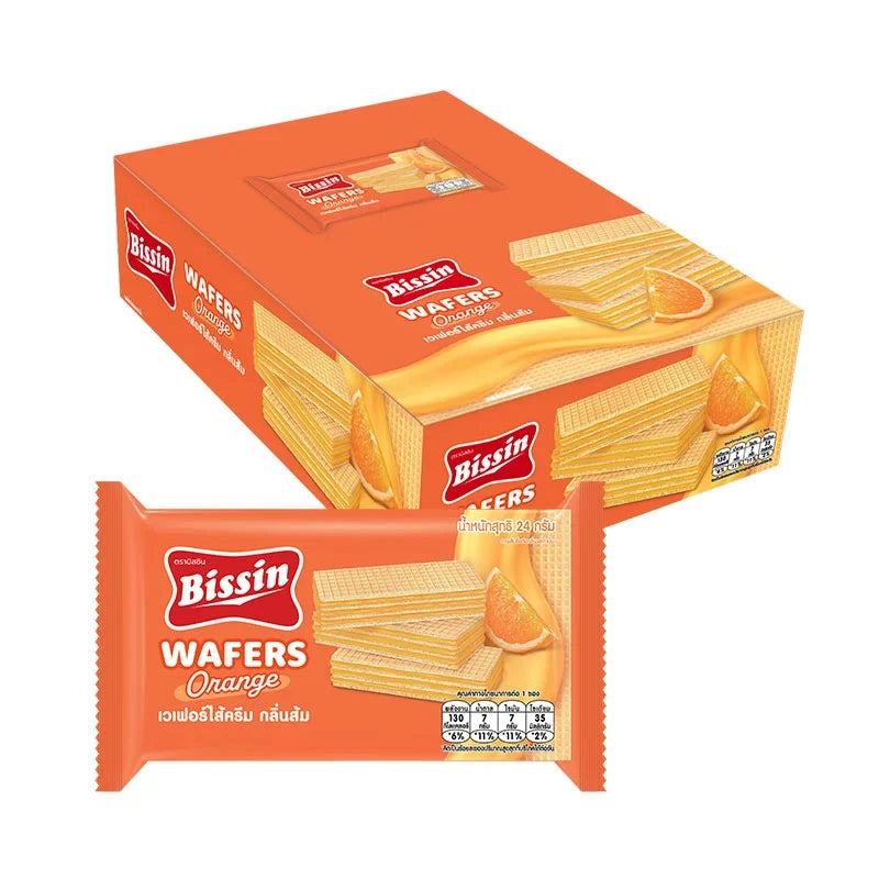 BISSIN Wafer Orange Flavor 24g snack pack, dry grocery confectionery with individually wrapped orange-flavored wafers.