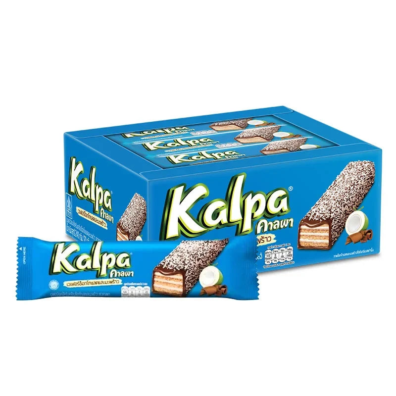 Kalpa Wafer Cokelat Kelapa snack pack, 20g x12, chocolate coconut flavored wafer snacks from KALPA, packed in multiple units.