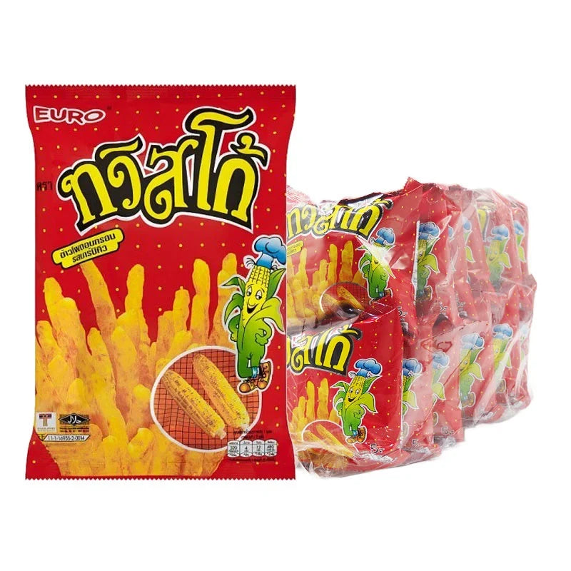 Twistko BBQ flavor corn snack in 17g packs, colorful packaging, part of dry grocery snacks and confectionery collection