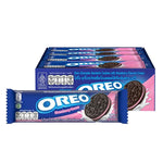 OREO Sandwich Cookies with strawberry filling, 26.25g, showing the cookies with pink strawberry cream between chocolate wafers.