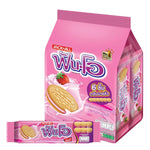 Fun-o Sandwich Cookies filled with strawberry-flavored cream, showing crispy cookies with pink strawberry filling in a snack package.