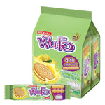 Fun-o sandwich cookies filled with custard-flavored cream, 45g, featuring crispy cookie layers and creamy filling in a snack package.
