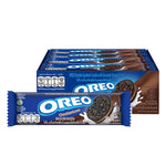 Package of Oreo Cookies Choco 26.25g x12, stacked with chocolate sandwich cookies and cream filling, in a clear plastic tray.