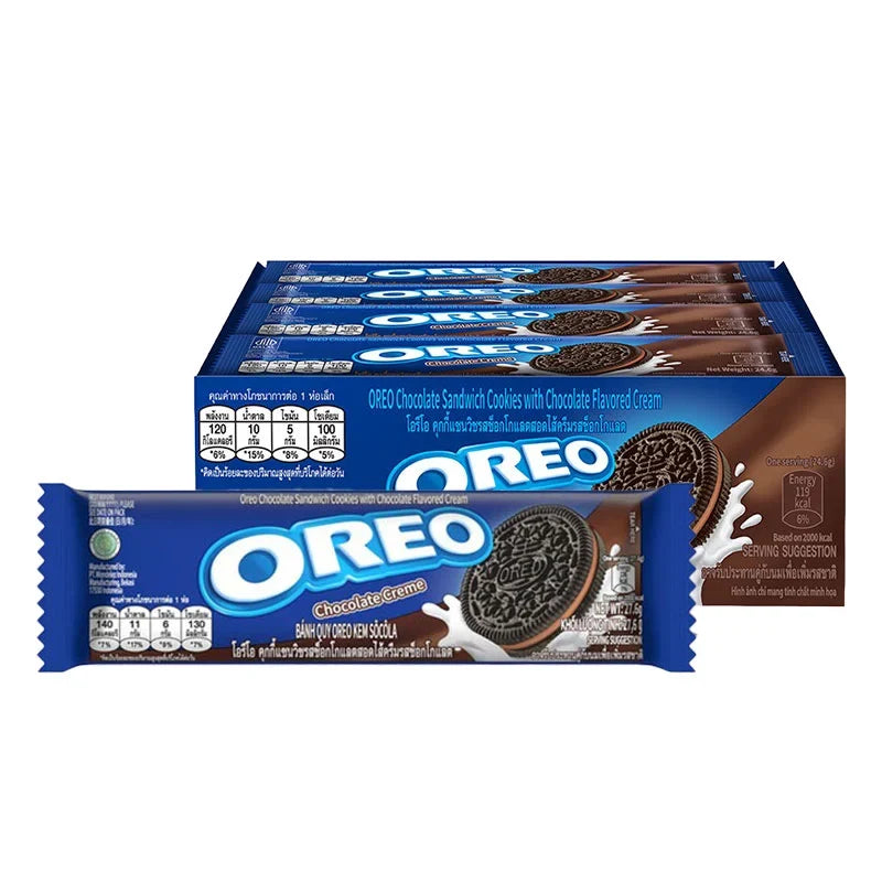 Package of Oreo Cookies Choco 26.25g x12, stacked with chocolate sandwich cookies and cream filling, in a clear plastic tray.