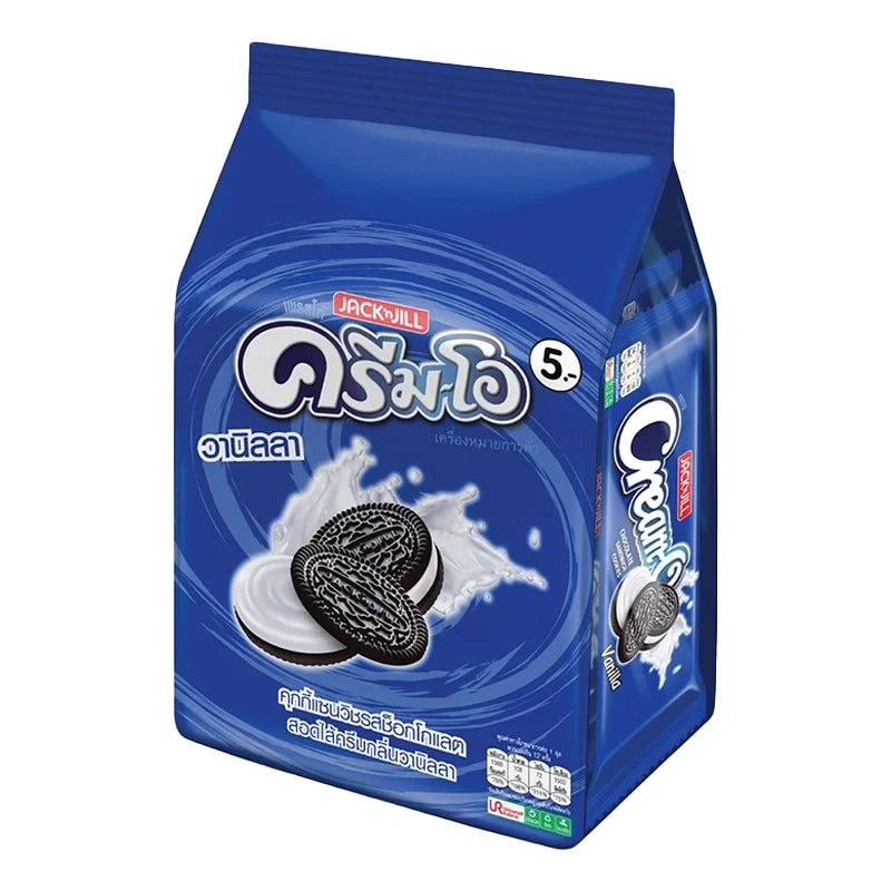 Cream-o Cookies Vanilla 27g, dry snack with vanilla-flavored cream filling, in bright packaging featuring images of cookies.