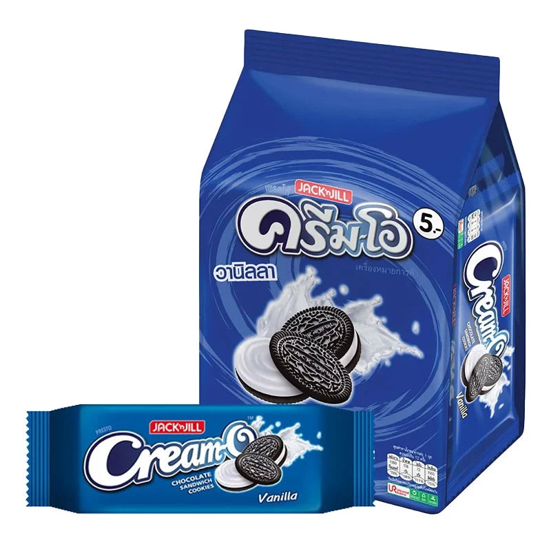 Cream-o Cookies Vanilla 27g, crispy snack biscuits with vanilla flavor from CREAM-O, shown in the packaging.