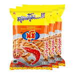 Fuchi Prawan BBQ snack packs, 75g each, in a three-pack, dry grocery snack with spicy prawns flavor, product image.