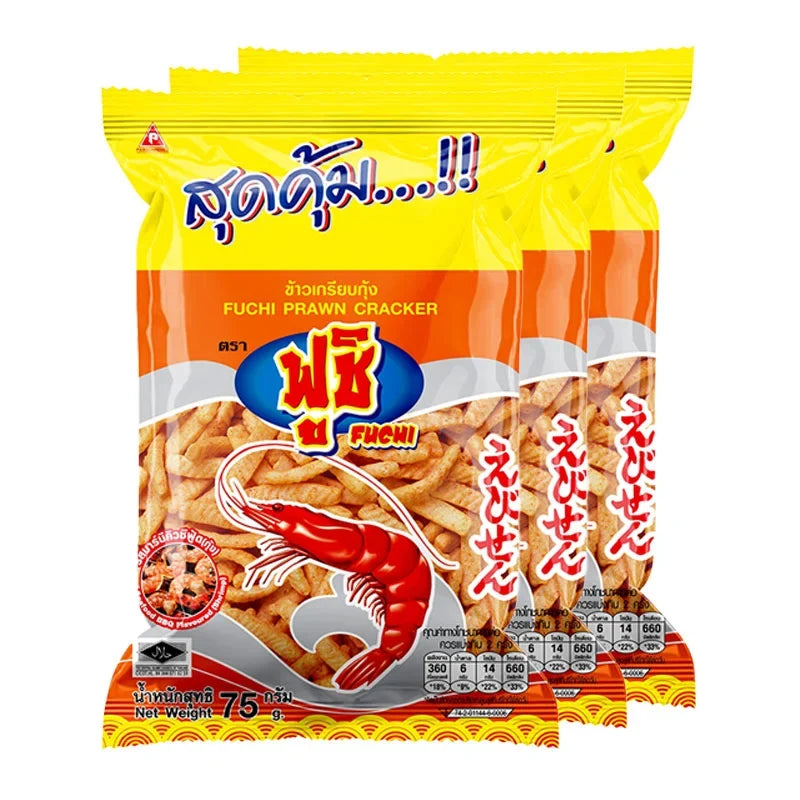 Fuchi Prawan BBQ snack packs, 75g each, in a three-pack, dry grocery snack with spicy prawns flavor, product image.