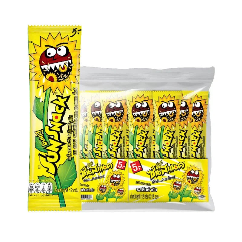 SunSnack Sunflower 12g snack pack, dry grocery confectionery with roasted sunflower seeds in a small, colorful package.
