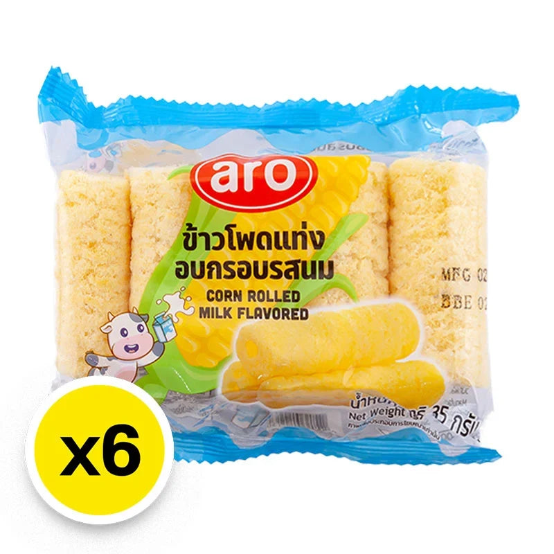 Aro Corn Rolled Milk Snack in a 35g pack, crispy corn treat from Aro, part of dry grocery and confectionery snack selection.