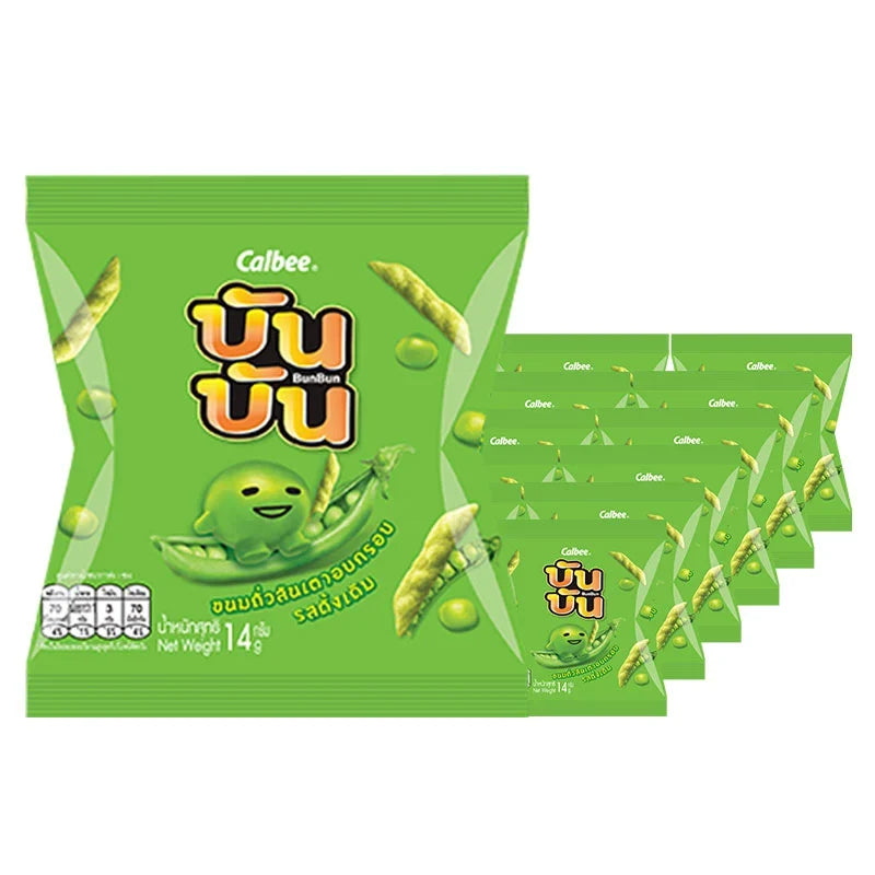 BUN BUN Sugar Pea Original Flavor snack pack, 14g x12, in clear plastic packaging with colorful branding and product label.