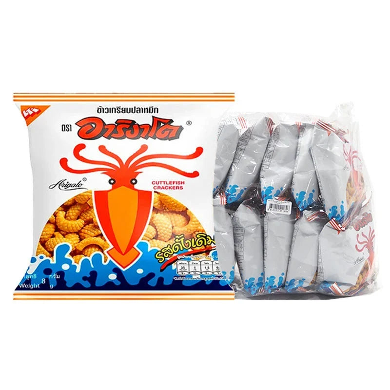 ARIGATO Cuttlefish Crackers 8g snack pack, crispy dry grocery seafood confectionery, stacked with multiple packs in the image.