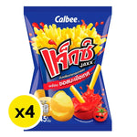 JAXX Jaxx Extrude snack with tomato sauce flavor, 45g x4 packs, showing colorful extruded snack pieces on a white background.
