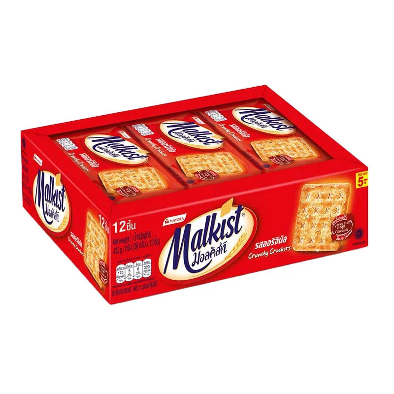 MALKIST Cracker 28g pack, crispy dry snack biscuits, shown in a box of 12, ideal for snacks and confectionery.