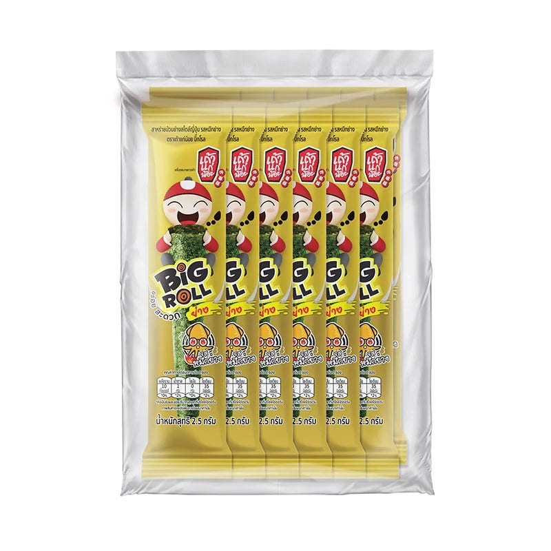 Taokaenoi Big Roll grilled seaweed squid snack in 2.5g package, dry grocery snack from TAOKAENOI with crispy seaweed and squid flavor.