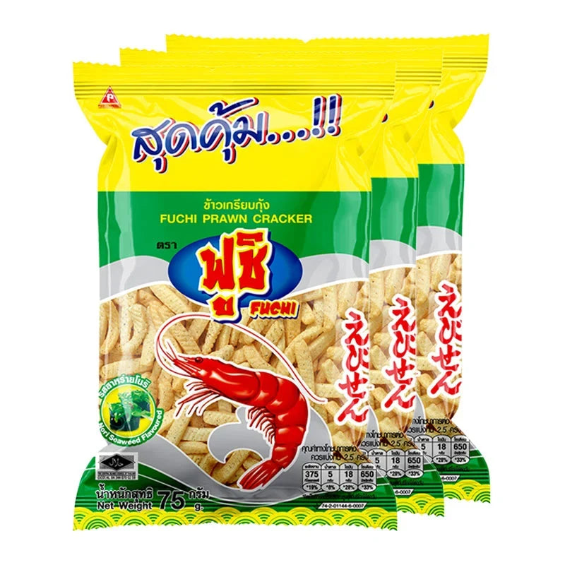 Fuchi Prawan Seaweed snack in 75g packs, dry grocery and confectionery, showing crispy seaweed sheets in a vibrant package.
