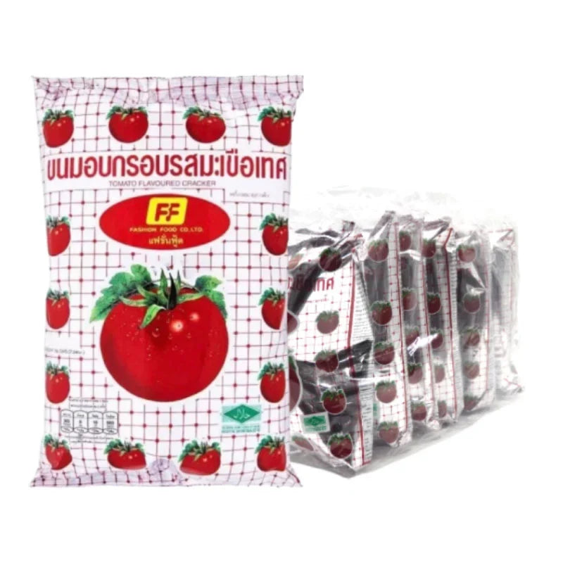 FF Snack Tomato Flat 28g, a pack of six dry snack crackers with tomato flavor, shown in the product image.