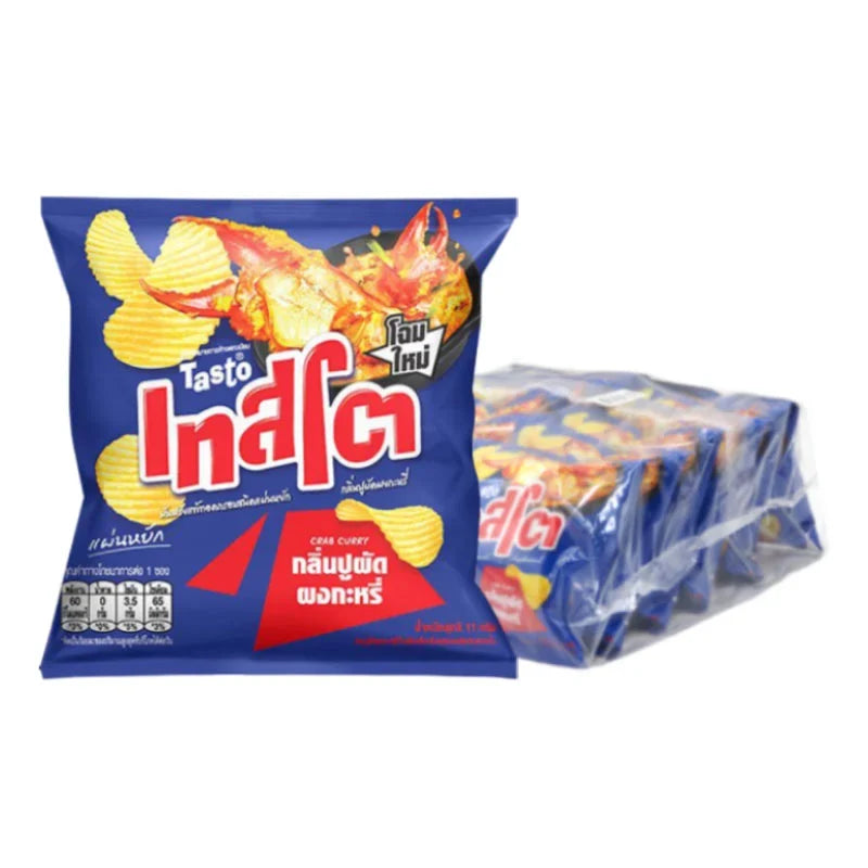 Tasto Potato Rock Chips Crab Curry flavor, 11g snack packs, crispy potato chips with crab curry seasoning, 12-pack, dry grocery snack