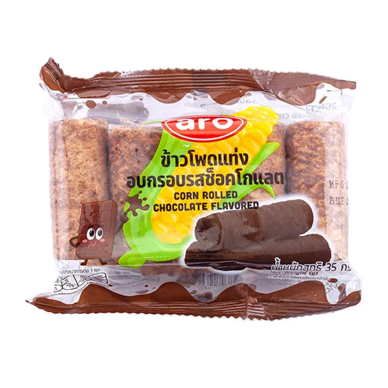 Aro Corn Rolled Chocolate Flavored snack pack, 35g x6, in colorful packaging, ideal for dry grocery snack options.