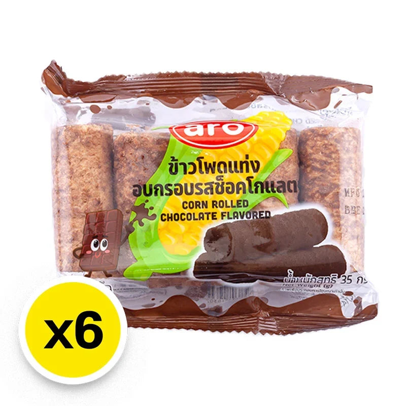 Aro Corn Rolled Chocolate Flavored snack pack, 35g x6, dry grocery product with chocolate-coated corn snacks in colorful packaging
