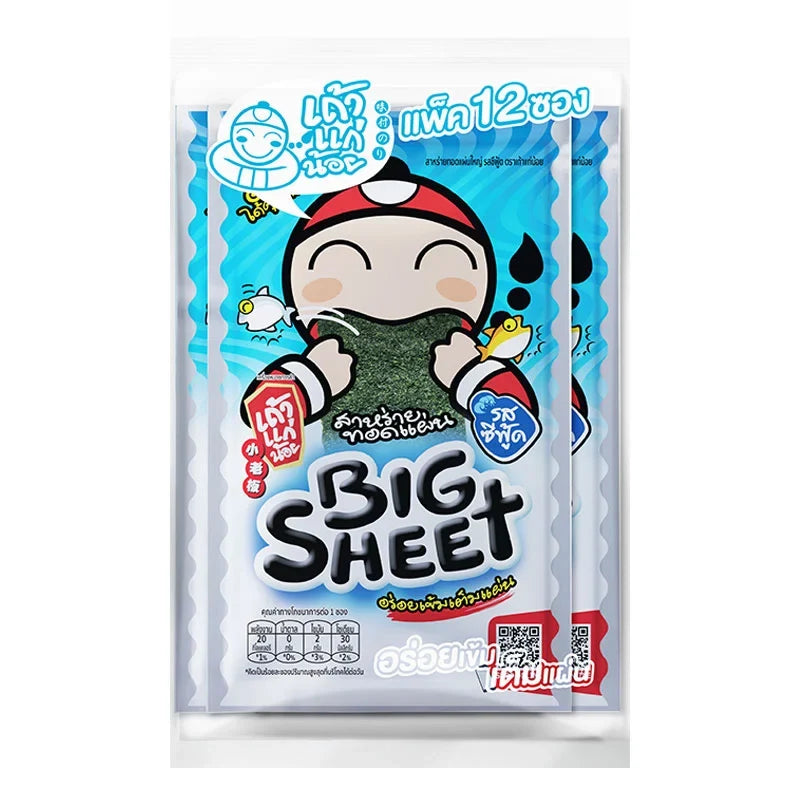 Taokaenoi Big Sheet Seaweed Snacks with seafood flavor, 3.2g x12 packs, dry grocery snack product with crispy seaweed sheets
