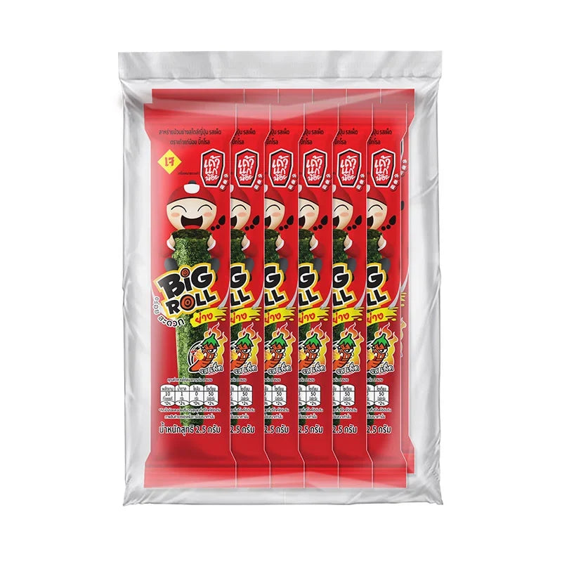 Taokaenoi Big Roll Grilled Seaweed Spicy snack, dry grocery, 2.5g, crispy and flavorful Thai seaweed snack.