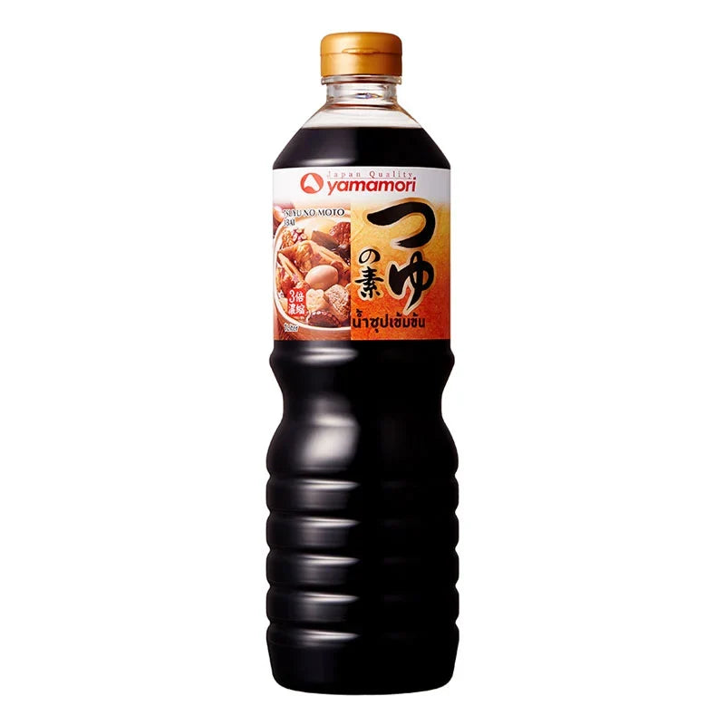 Yamamori Tsuyu No Moto 3 Bai 1L bottle of Japanese soup base for cooking, with label showing brand and product details.
