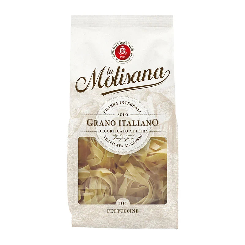 Dry grocery Lamolisana Fettucine No.104 pasta in 500g package, showcasing the long, flat noodle shape on a white background.